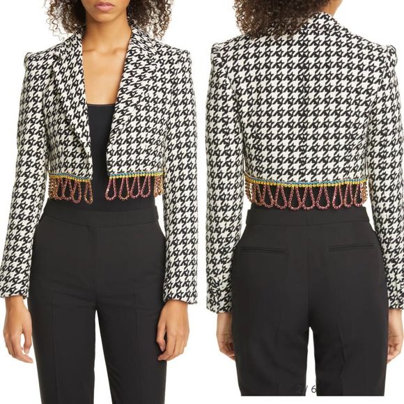 $1,580 AREA Crystal Fringe Houndstooth Wool Blend Bolero Jacket Women’s Size 2 - Picture 3 of 12